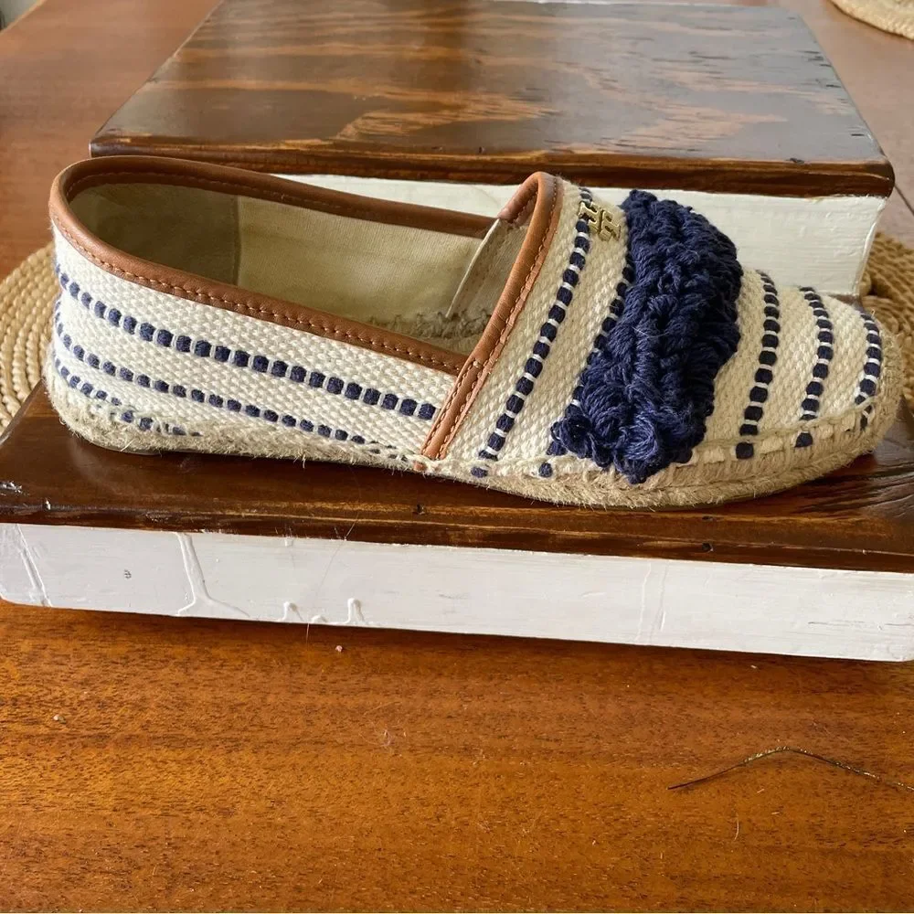 Tory Burch Shaw Fringe Espadrilles Navy and Cream Size 7